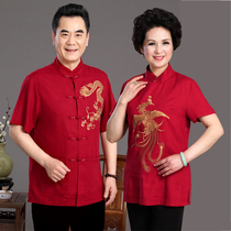 Couple Tang suit male cotton linen suit middle-aged Chinese birthday wedding banquet red dress grandpa grandmother short sleeve summer dress