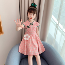 Girls cheongsam dress 2021 new summer dress Western style large childrens plaid little girl Hanfu princess skirt