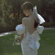 Sexy backless light wedding dress 2021 New Super fairy dream outdoor wedding go out gauze French satin Mori dress