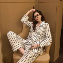 Chic design ~ Contrast fashion brand striped pajamas Womens Spring and Autumn long sleeves thin ice silk fashion can wear suit