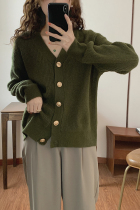 Seven sheep 2022 early spring green V neck sweater jacket woman retro small loose knit cardiovert blouse