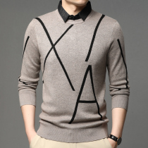 Fake two-piece sweater mens shirt fake collar spring and autumn thin round neck pullover loose top long sleeve knitted woolen sweater