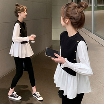 Pregnant woman Autumn Fashion Suite Fashion Outdoor Nets Red Spring Autumn Cash black and white spliced shirt Long sleeve blouses woman Two sets