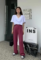 2022 Spring Summer SJG Design Sensation High Waist Display Slim Pendant Note Broadlegged Pants 88002 Raspberry Color West Dress Pants