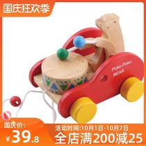 Foreign trade wooden bear dragging the car to beat the drum on the ground to drag the bear will play the drum