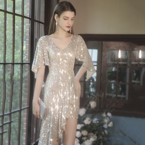 Small evening dress dress female banquet light luxury niche high-end silver sequins short summer host female