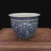 Guangxu annual hand-painted blue and white characters lotus seed tank antique flower pot pen wash decoration collection antique old antique