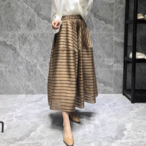 Golden striped skirt womens early autumn new design sense a-line long skirt high waist thin elastic waist fashion umbrella skirt