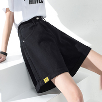 Black denim shorts womens 2021 new summer high waist fashion straight tube wide leg a word large size loose five-point hot pants