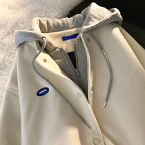 Fake two woolen coat womens autumn and winter 2021 New cardigan loose Korean hooded sweater mens and womens tide