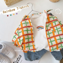 Advanced Sensation Collision color ~ Korean version Childrens spring and summer thin section Long sleeve plaid shirt boy flip collar shirt baby blouse