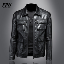 Lapel motorcycle leather jacket mens 2022 spring and autumn Korean style slim soft leather multi-pocket tooling leather jacket jacket mens fashion