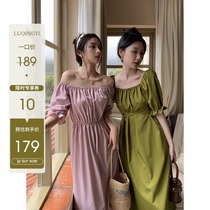 Heron greens one (dont spring wind) retro square collar dress womens summer French style lined with shoulder foam sleeves casser-length dress