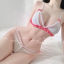 Sweet Pearl bow sexy cutout lace-up three-point bikini pearl massage underwear set