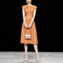CHOROLHO summer new simple fashion Hepburn style retro waist large swing medium long orange sleeveless shirt dress