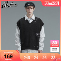 GUUKA black knitted sweater mens tide brand Wang Yuan with the same sports hole denim patch V-neck vest loose