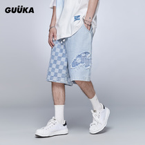 GUUKA Tide Card Denim Shorts Male Summer Chessboard Lattice Splicing LOGO Stick Cloth Embroidered Sports Casual Pants Loose