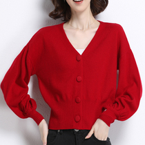 Early autumn high waist small pure wool knitted cardigan womens short model outside foreign lantern sleeve sweater coat Spring and Autumn Tide