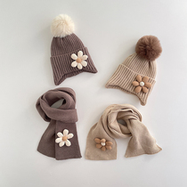 Baby hat autumn and winter children warm thickened hat scarf two-piece girl flower knitted ear protection wool hat
