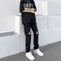 GOFFB High Street Broken Cave Jeans Black Summer Display Slim Straight Cylinder Small Foot Retro Hiphop Super Breaking Beggar Pants Man