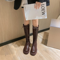 Fat Mm Lacing Rider Boots Woman Round Head Long Cylinder Boots Thick leg conspicuge with legs high cylinder boot brown large cylinder surrounding boot tide