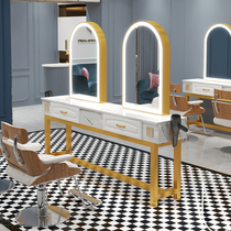 Net red barber and beauty mirror table hair salon special cabinet stainless steel rack integrated LED light hot dyeing floor simple