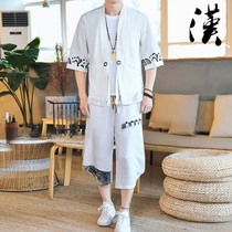 Summer thin style Taopao mens Tang dress Chinese style Zhongshan suit Fairy Hanfu retro style short-sleeved linen cotton