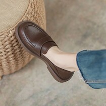 Real Leather Thick Bottom Lefu Shoes Women One Foot Pedal 2022 New Inn College Wind Leather Shoes Two Wear Brown Single Shoes