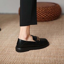 Small leather shoes womens 2021 autumn new flat-bottomed all-match retro round-head metal buckle loafers British Hong Kong style single shoes