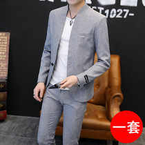 Spring and autumn casual suit suit men Korean striped collarless suit two-piece young handsome slim coat tide