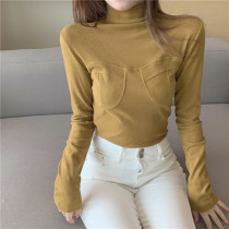 2021 early autumn new Korean womens Joker high neck T-shirt shoulder grinding long sleeve base shirt slim coat women