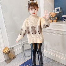 Girl sweater 2021 new foreign style children autumn and winter thick middle child high collar plus velvet fashionable little girl
