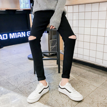 Autumn black jeans knee one-word broken pants mens trend Korean slim beggar small feet trousers summer