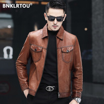 Haining leather leather clothing mens spring and autumn oil wax sheepskin casual lapel slim motorcycle leather jacket short jacket