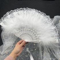 Folding fan Easy to open and close Classical Lolita cheongsam catwalk lace feather fan Photo dark lace summer folding fan
