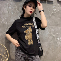 Womens clothing 2022 spring and summer autumn new fashion hit undershirt pure cotton individuality small bear printed blouses half high collar T-shirt tide