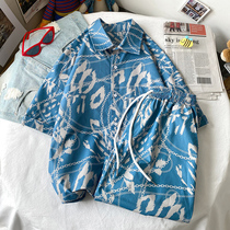 Hitchhiking Cool Salt Ensemble Blue Short Sleeve Shirt Shorts Suit Mens Summer Fashion Matching Handsome Beach Two Sets