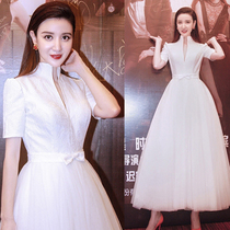 White evening dress star with the same temperament Birthday party recitation dignified atmosphere host stage performance suit female