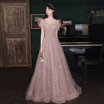 Evening dress womens new 2021 explosive banquet temperament light luxury niche high-end atmospheric art Test vocal music pink dress