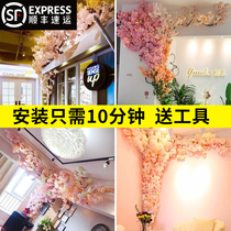 Simulation of cherry tree decorative wall living room ceiling air conditioning pipe blocking net Red Wall home background fake flower Rattan