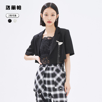Lori Pap Tide brand womens 2021 early autumn new small Suit V collar shoulder shoulder pure black Joker chain coat