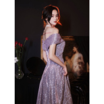 A shoulder French Starry Sky host evening dress female New 2021 explosive high sense temperament light luxury celebrity autumn