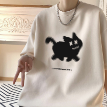 Cat prints 320g heavy T - shirt mens summer tide American vintage clothes short sleeve pure cotton seven and half sleeves