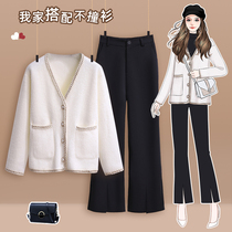 2021 autumn and winter New Large size women fat sister Western style mink V-NECK cardigan leisure wide leg pants two-piece set