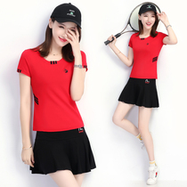 Badminton clothing set short sleeve short skirt tennis sportswear table tennis clothing anti emptied hakama summer women two piece set tide