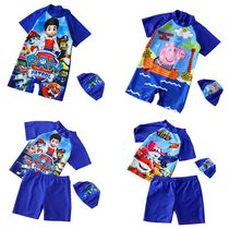 Childrens swimsuit Boy one-piece cute baby cartoon bathing suit split childrens swimming trunks Swimming cap set for middle and large children
