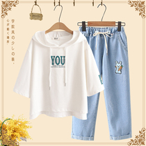 Teenage Girl Summer Clothing Casual Suit 2022 New Junior High School High School Student Loose T-shirt Short Sleeve Jeans Two Sets
