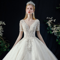 French main wedding dress 202021 New temperament bride big tailing high sense heavy industry luxury Princess short sleeve