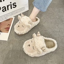 Baotou fur slippers women wear cute plus velvet warm 2021 autumn and winter new home indoor cotton slippers