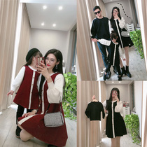 High-end parent-child winter family of three-member four-member knitted velvet sweater small fragrant wind dress mother-and-woman style